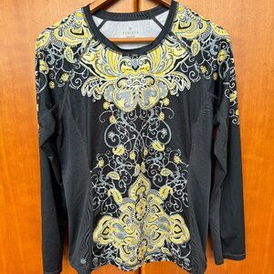 Athleta Running, Yoga, shirt. Size M. Grey Background wth yellow paisley pattern